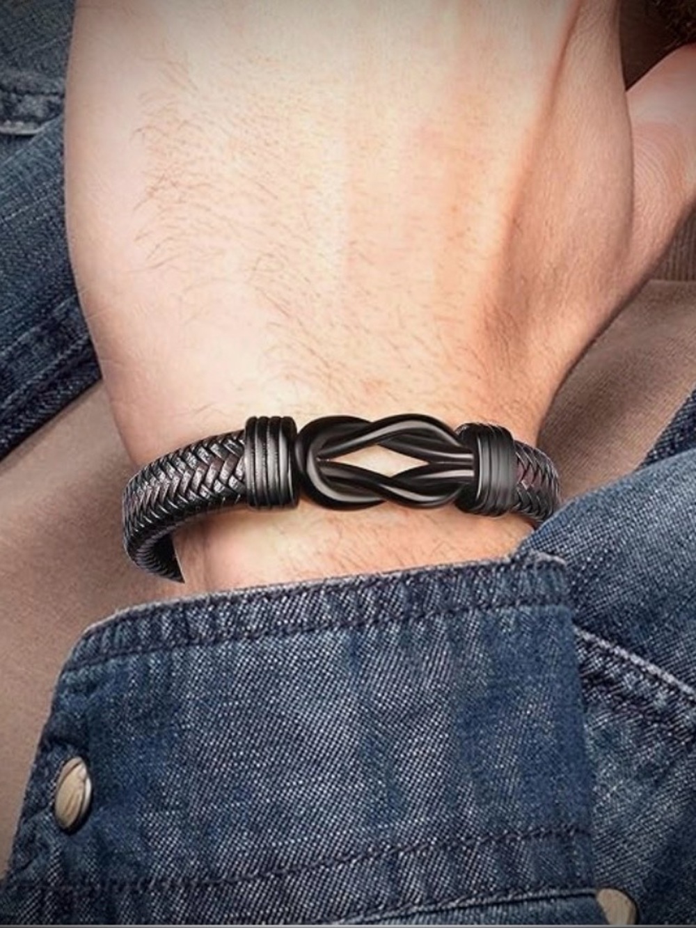 Braided Brown Leather & Stainless Steel Men's Bracelet NWOT - Picture 4 of 5